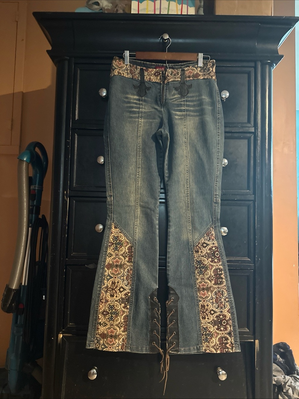 Younique Mid-Blue Flare Jeans with Patterned Tapistry Panels